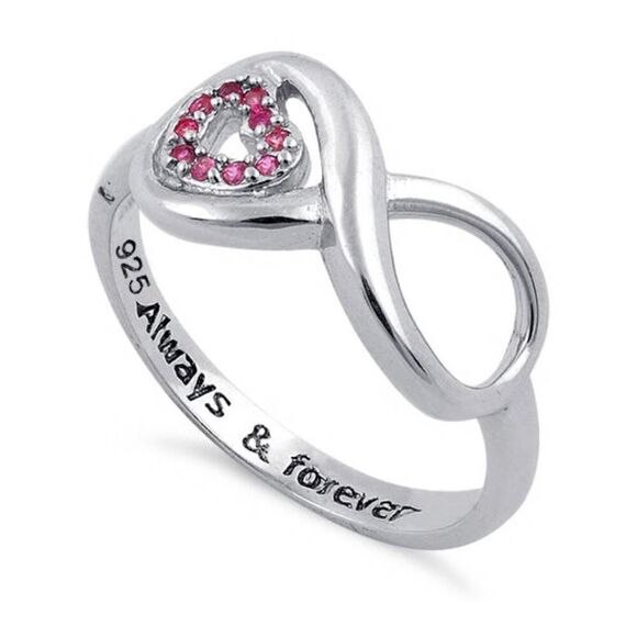 Sterling Silver Infinity Ruby Heart "Always & Forever" Engraved CZ Ring - Picture 1 of 4